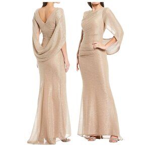 Betsy & Adam Gold Metallic Cape Sleeve Evening Gown – Formal Floor Length